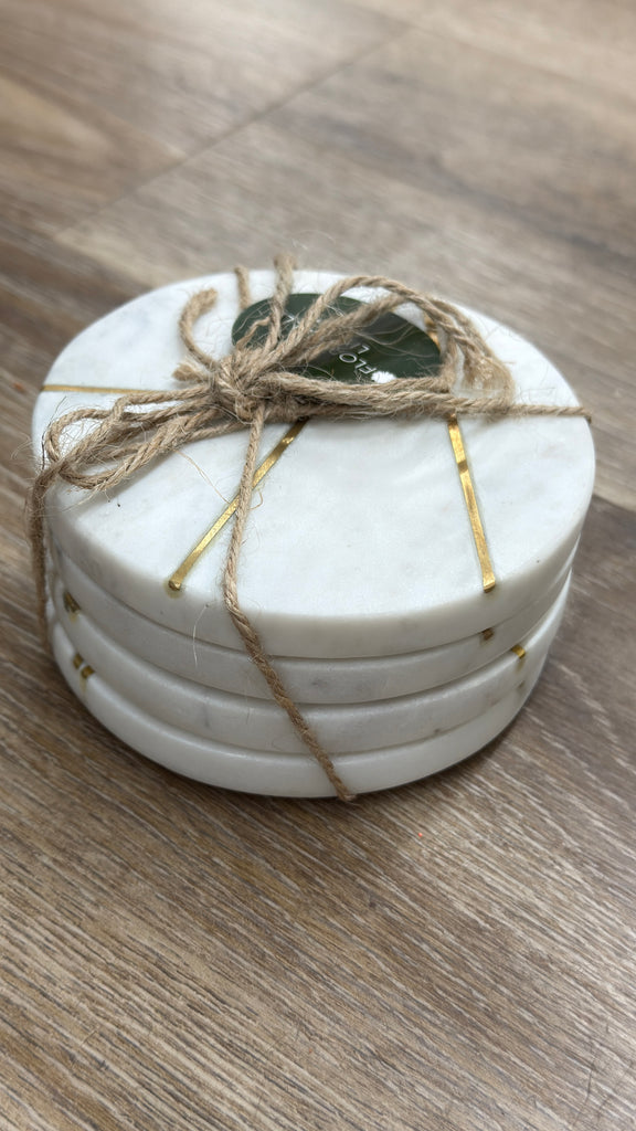 Marble Coaster (Set of 4) Round White & Brass Inlay