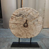 Handcrafted wooden wheel display on stand antique rustic decorative artifact