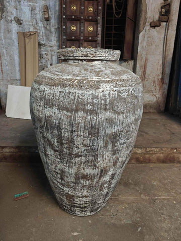 Medium decorative wooden clay pot antique rustic home decor unique handcrafted vessel earthy vintage style