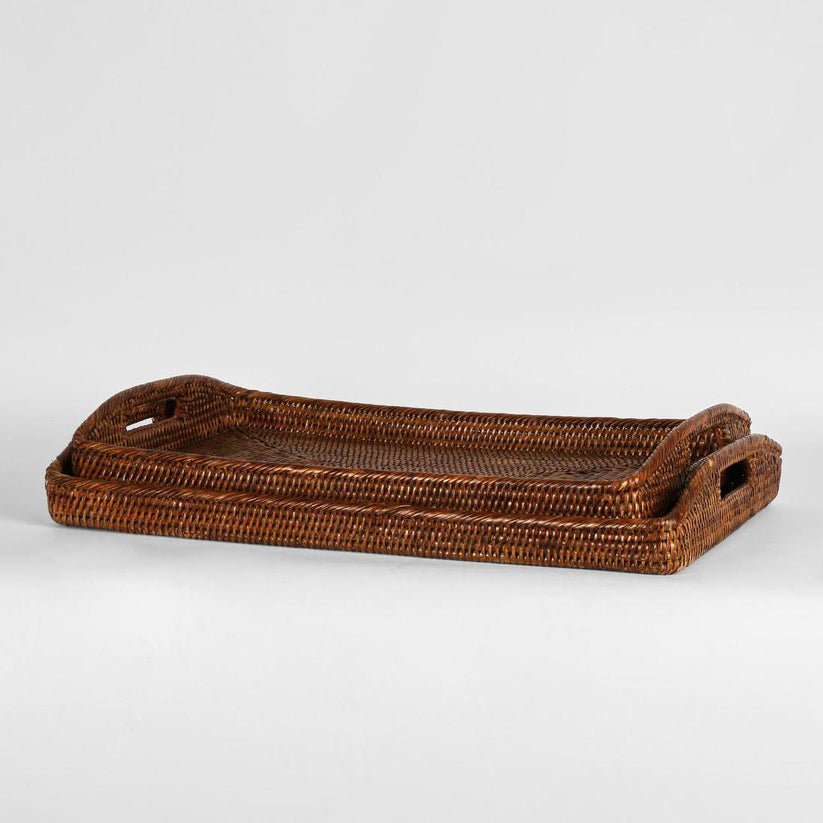 Handwoven rattan tray set Paume antique brown rectangle serving trays for interiors
