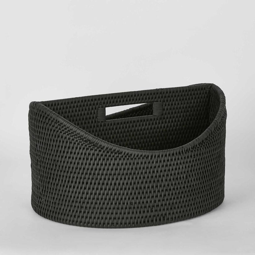 Black rattan magazine holder Paume woven storage rack for living room and office