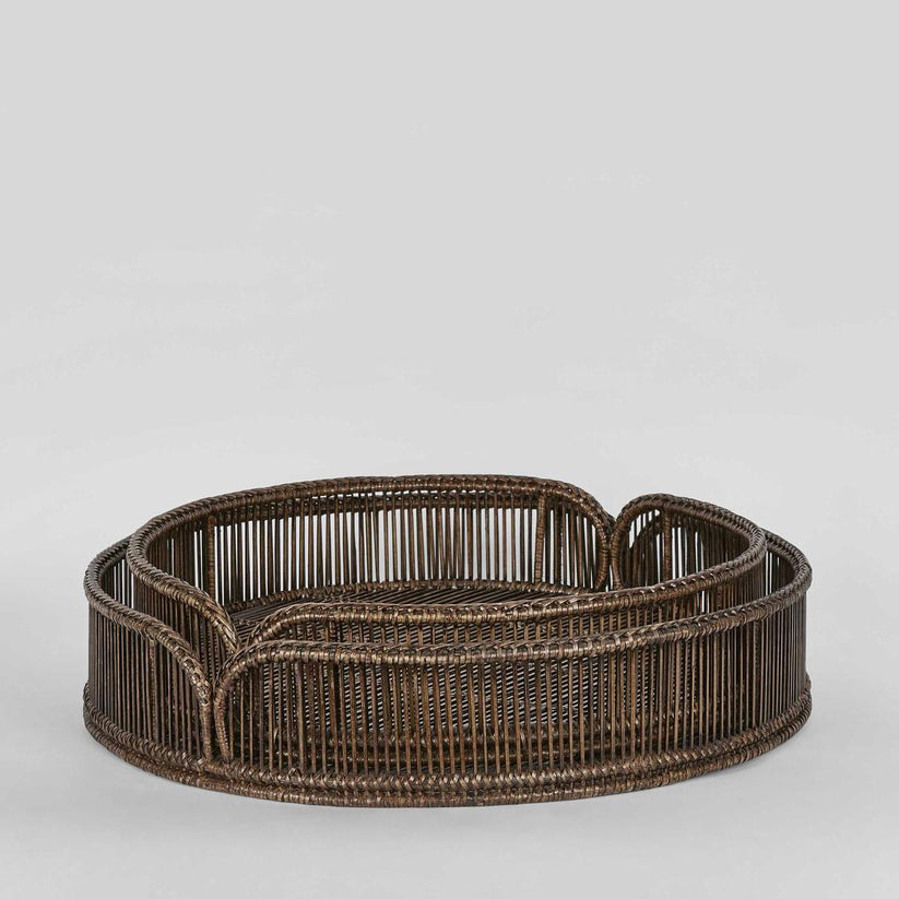 Antique brown rattan round tray set Luca handcrafted serving trays for home use