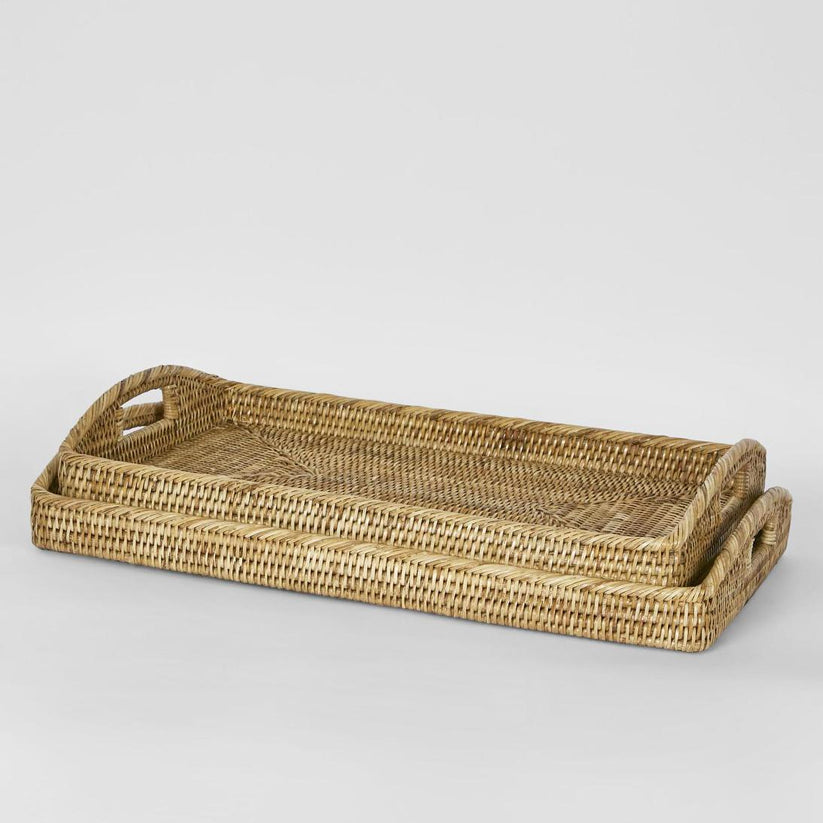 Set of 2 natural rattan rectangle trays Paume woven serving and décor trays