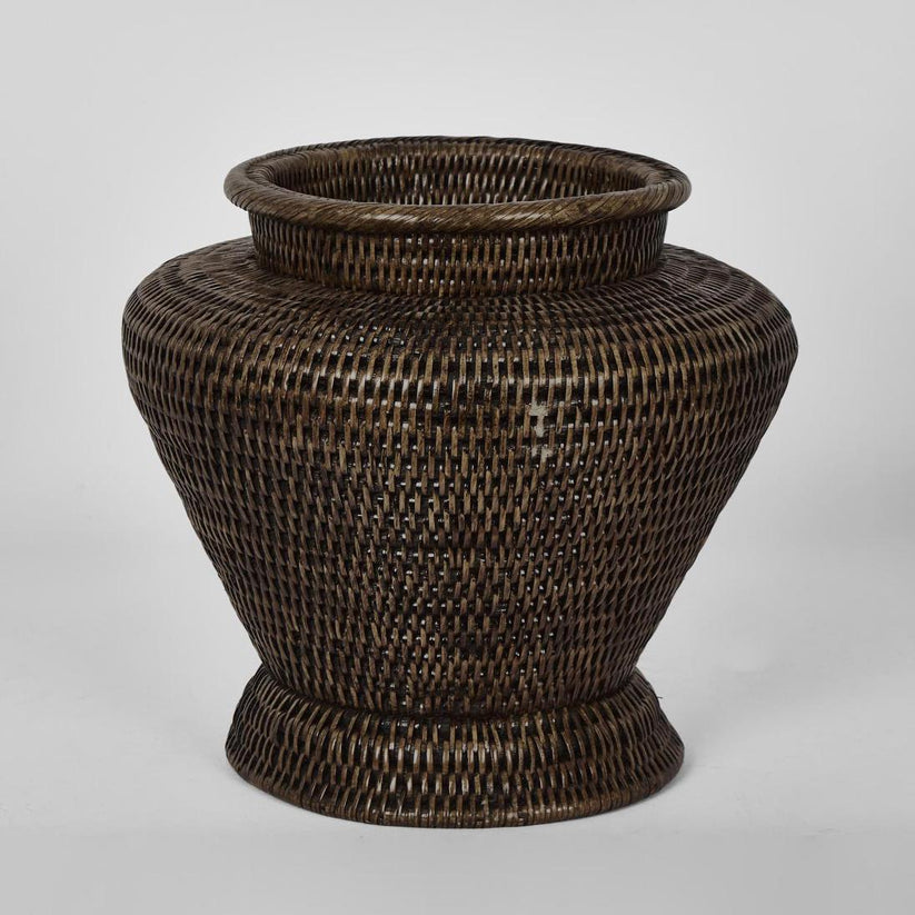 Antique brown rattan flower urn small decorative vase for shelves and tables