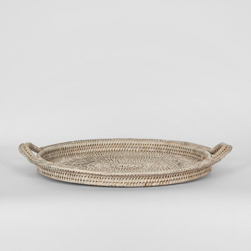 White wash rattan serving tray Paume round woven tray with handles