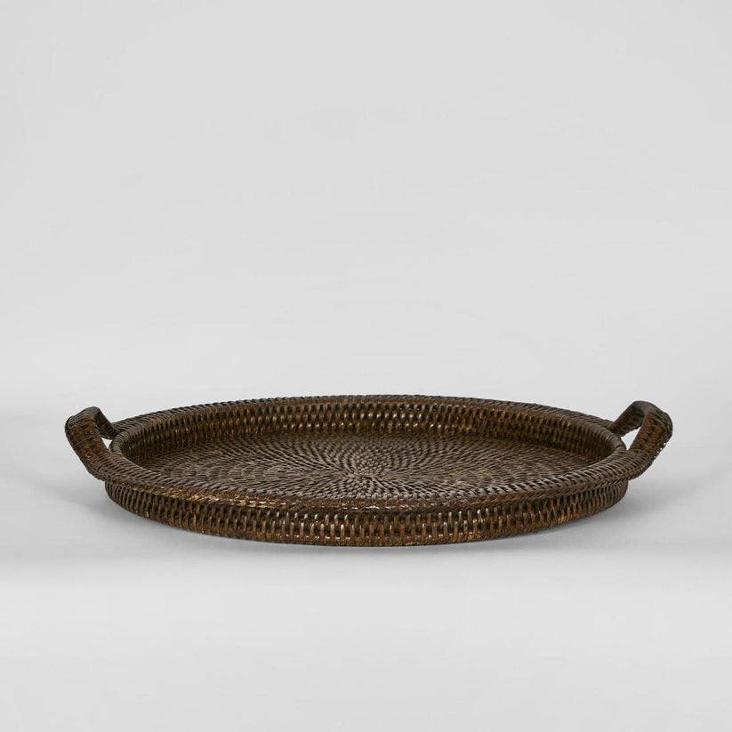 Antique brown rattan serving tray round woven tray with handles for home use