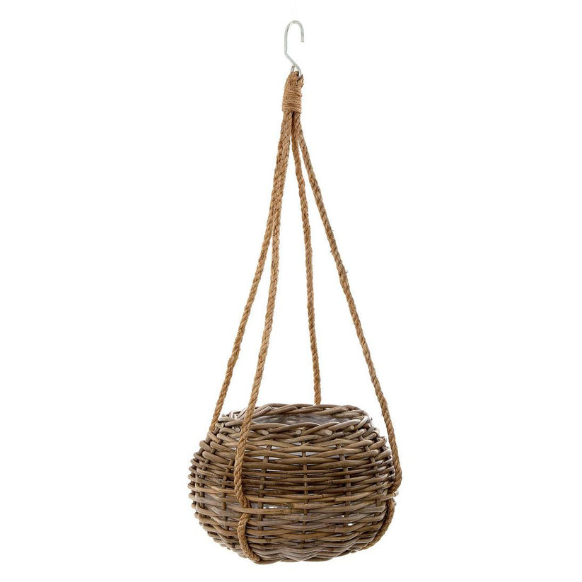 Small Cancun hanging basket cane planter for indoor plants and greenery display