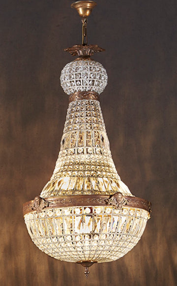 Empire Extra Large antique brass chandelier with hand-cut beveled crystal glass and vintage patina finish for grand luxury interiors and high ceilings