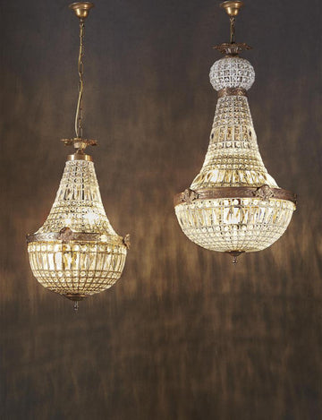 Empire Small antique brass chandelier with hand-cut beveled crystal glass and vintage patina finish for elegant compact interiors and classic décor spaces