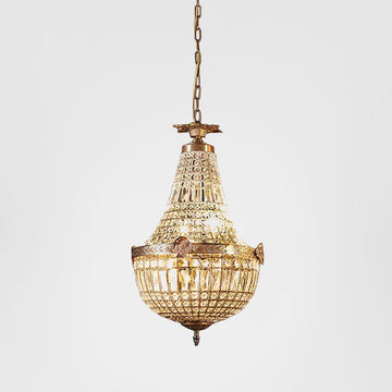 Empire Medium antique brass chandelier with hand-cut beveled crystal glass and vintage patina finish for elegant dining and living room interiors