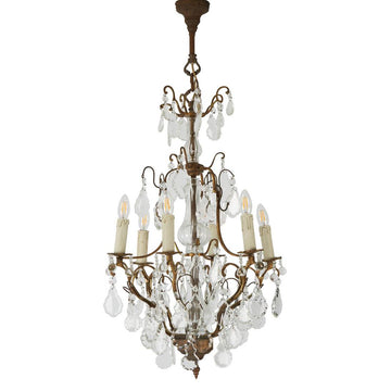 Roche 6-light chandelier with brass frame, crystal detailing, and French-inspired Baroque design for elegant living and dining interiors