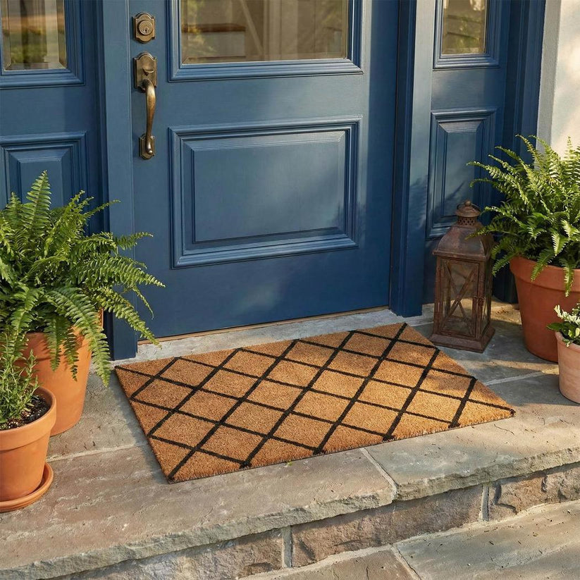 Eco-friendly Trellis coir doormat, small size, textured surface for effective dirt removal, ideal for indoor and outdoor use.