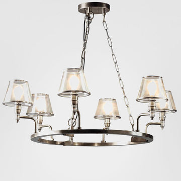 Traditional 6-arm chandelier in antique silver with handcrafted glass shades for entryways and dining rooms