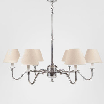 Prescot 6-arm antique silver chandelier with solid brass frame and adjustable height for classic dining rooms and elegant interiors