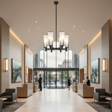 St Germain Black chandelier crafted from iron and glass shades with elegant modern design for formal dining rooms and grand entryways