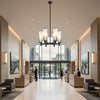St Germain Black chandelier crafted from iron and glass shades with elegant modern design for formal dining rooms and grand entryways