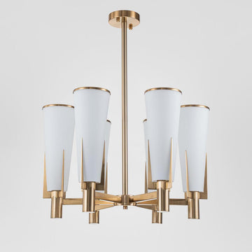 St. Germain chandelier with brass-finished iron frame and six frosted tapered glass shades for elegant living and commercial spaces