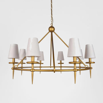 Brushed brass Waterloo chandelier with linen lampshades for warm ambient home lighting