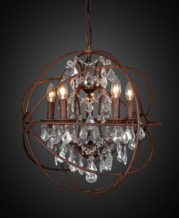 Rust finish spherical chandelier with decorative glass drops for industrial and modern home décor