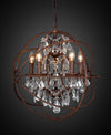 Rust finish spherical chandelier with decorative glass drops for industrial and modern home décor