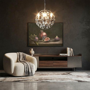 Modern small sphere chandelier with grey wrought iron frame and decorative glass droplets for kitchen island lighting