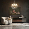 Modern small sphere chandelier with grey wrought iron frame and decorative glass droplets for kitchen island lighting