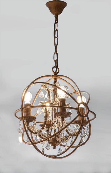 Sculptural small sphere chandelier with wrought iron and teardrop glass design in rust finish