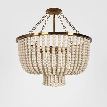 Antique gold pendant light with cascading white wooden beads and dome design for home interiors