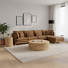 Premium Aura ottoman with brown linen upholstery plush cushioned top and oak legs for modern lounge room styling