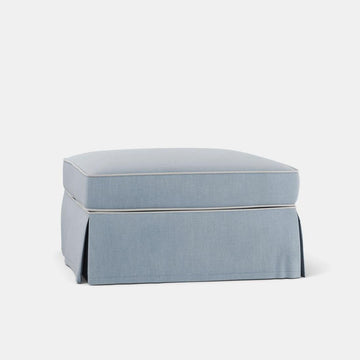 Noosa Hamptons beach upholstered ottoman with feather filled cushion and relaxed coastal style design for luxury living room seating