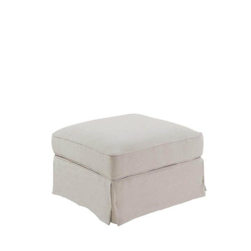 Coastal inspired beige fabric ottoman with timber frame and medium firm cushion for stylish lounge spaces