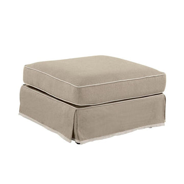 Luxury natural ottoman with white piping soft linen cotton upholstery and wooden legs for relaxed contemporary living spaces