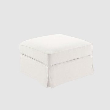 Premium Noosa ottoman in ivory fabric with soft feather cushion for relaxed coastal and contemporary interiors