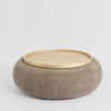 Modern storage ottoman coffee table in oak and brown with cushioned top and hidden internal storage space