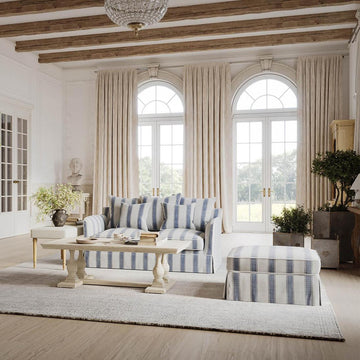 Noosa Hamptons ottoman slip cover in blue sky stripe fabric removable upholstered cover for coastal style living room furniture