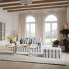 Noosa Hamptons ottoman slip cover in blue sky stripe fabric removable upholstered cover for coastal style living room furniture