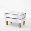 Bondi Hamptons blue and white pin stripe upholstered ottoman with wooden tapered legs for coastal style living room seating