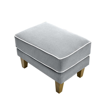 Grey upholstered Bondi ottoman with white piping detail and timber legs for Hamptons style interiors