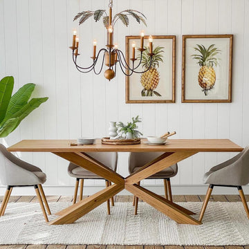 Tropical palm leaf chandelier with iron frame and 8 lights for resort style interior lighting