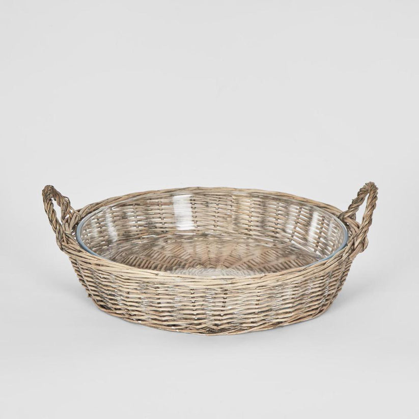 Basket with glass dish serving bowl for salads fruit and shared dishes
