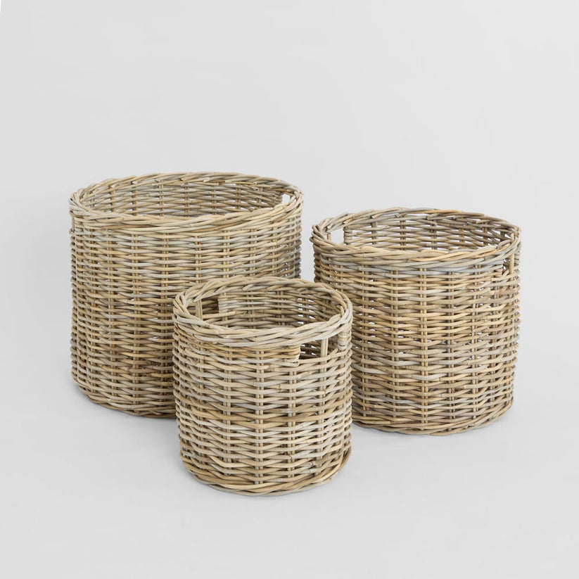 Set of 3 round Luna storage baskets for laundry and linen storage