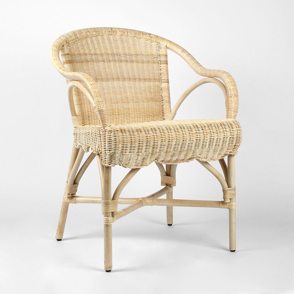 Belle rattan armchair with handwoven wicker, scallop edge detail, and French 1920s inspired design for indoor use