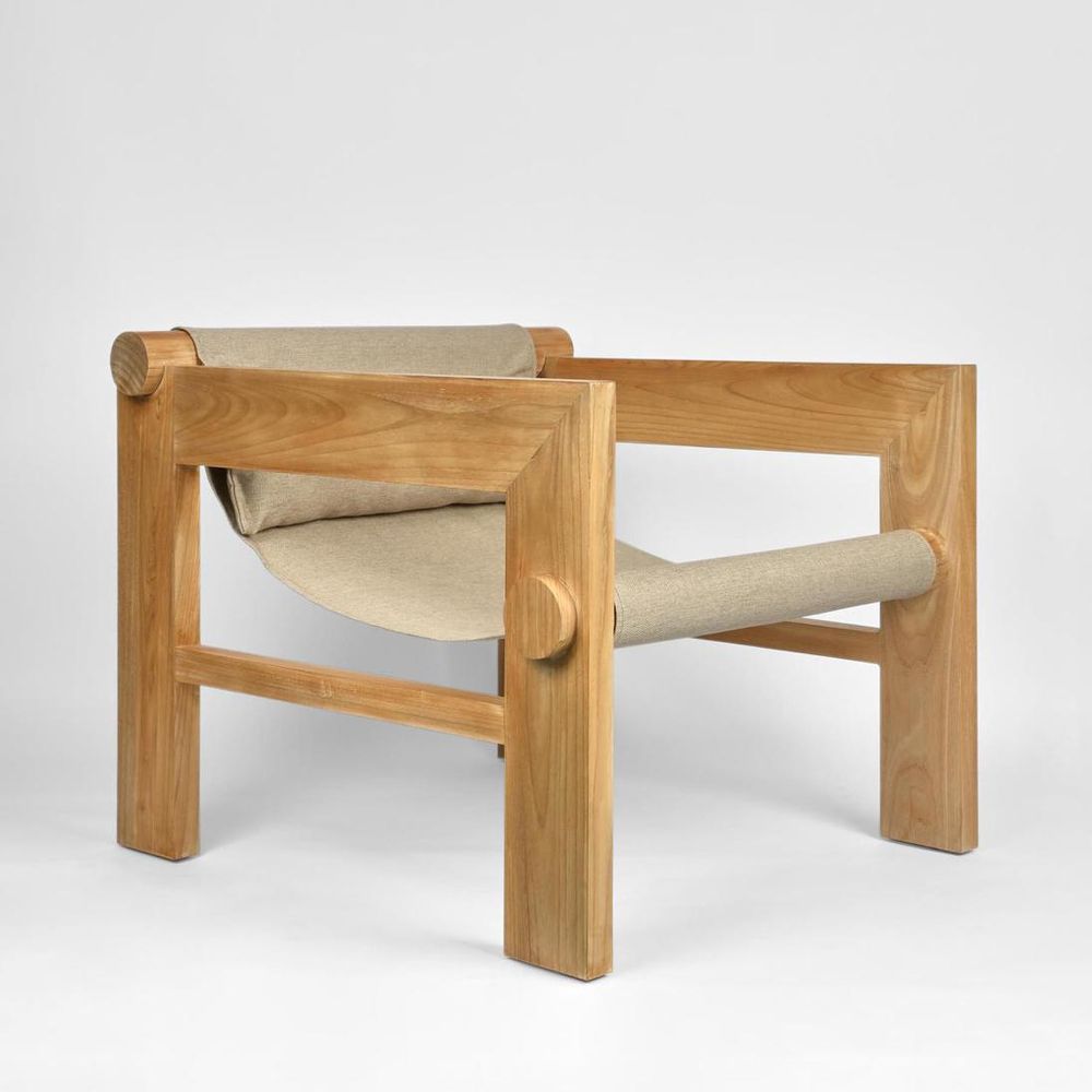 Twyla wooden armchair with white sling seat and solid brown wood frame rustic living room chair