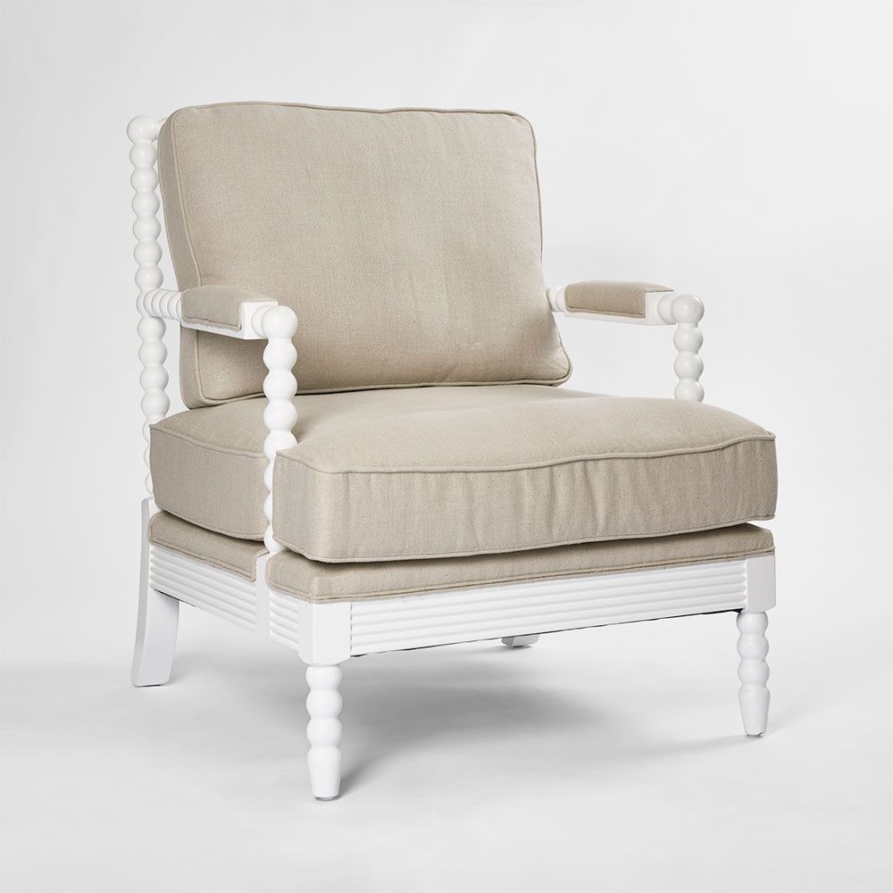 Elizabeth bobbin Hamptons armchair white upholstered accent chair with carved wooden legs foam cushioned seat elegant living room furniture