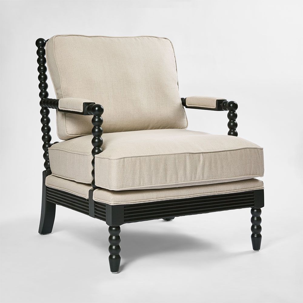 Black Hamptons style armchair with bobbin legs upholstered accent chair with cushioned seat and backrest