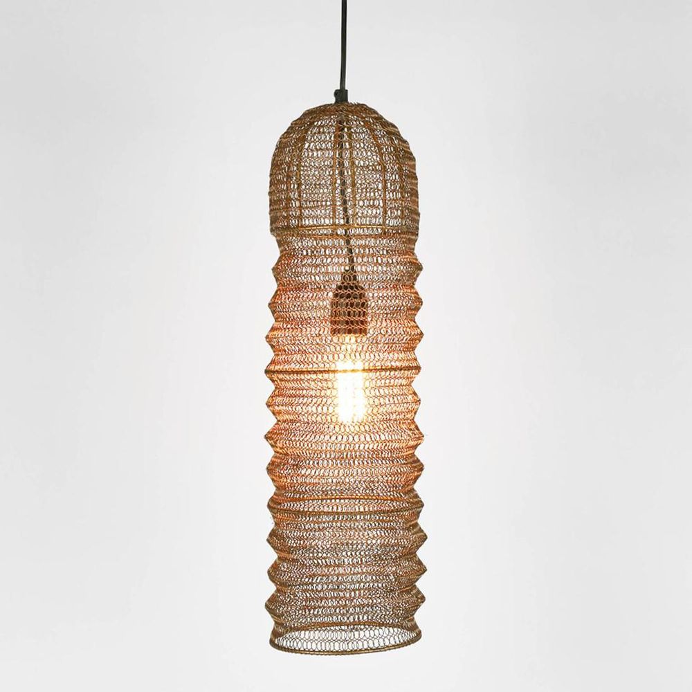 Monash wire mesh ceiling pendant in brass, long cylindrical woven metal pendant light for dining rooms, kitchen islands, and contemporary interiors