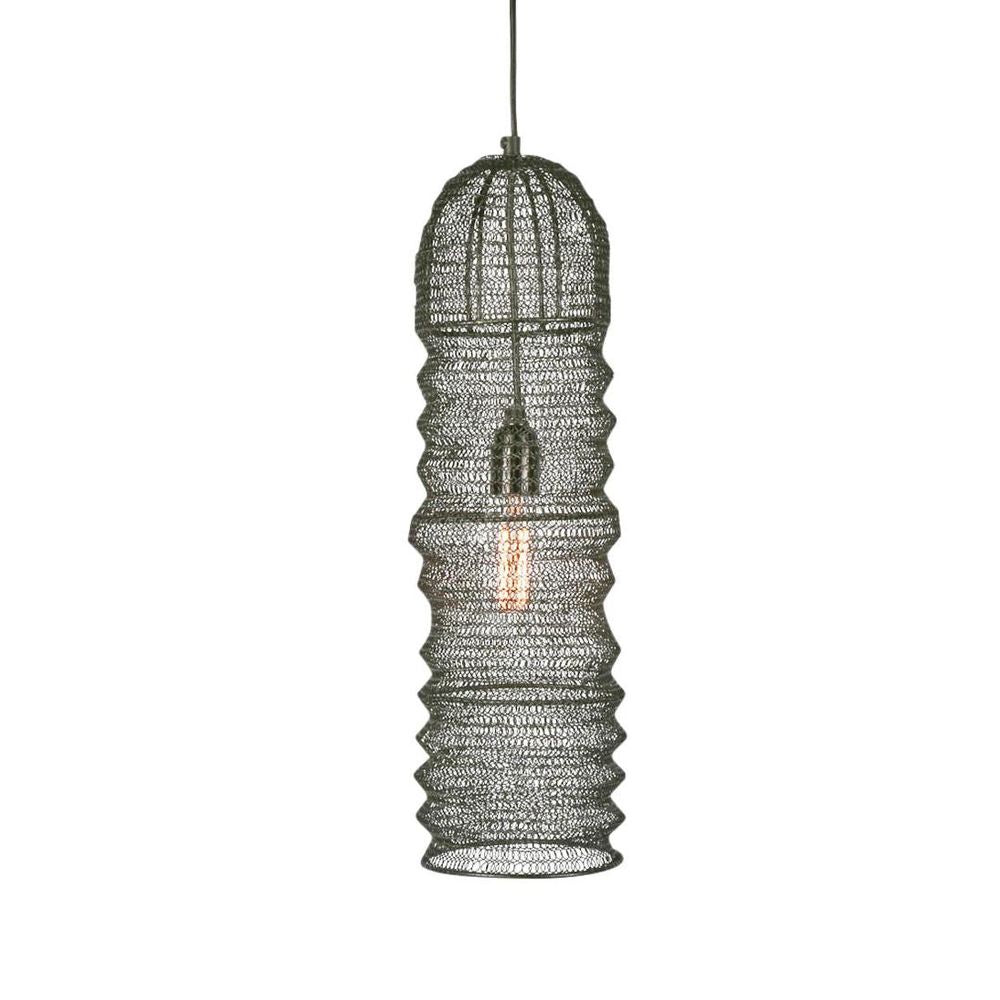 Monash wire mesh ceiling pendant in black, long cylindrical woven metal pendant light for dining rooms, kitchen islands, and modern interiors
