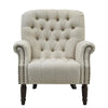 Timeless living room armchair with tufted design, neutral linen fabric, and elegant detailing