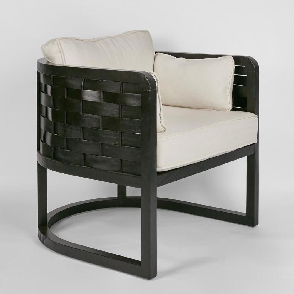 Weave occasional chair with curved mango wood frame, handwoven wood slats, and cushioned seating in contemporary design