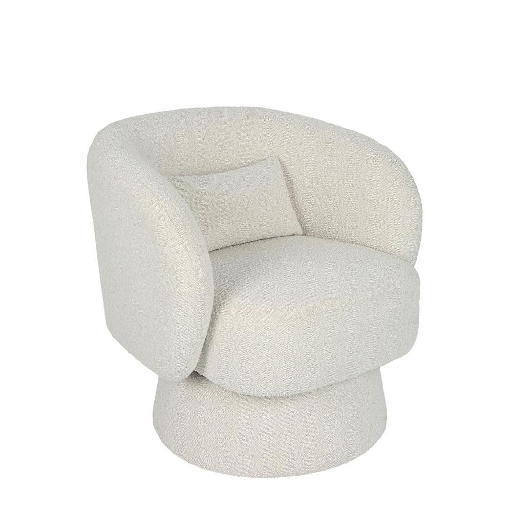 Selena cream boucle swivel armchair with 360 degree base, curved arms, and plush cocoon style seating